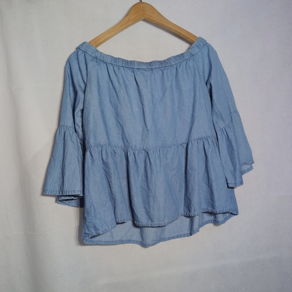 Ana Sz S Off The Shoulder Blue Denim Floral Embroidered Women's Top - Picture 2 of 6